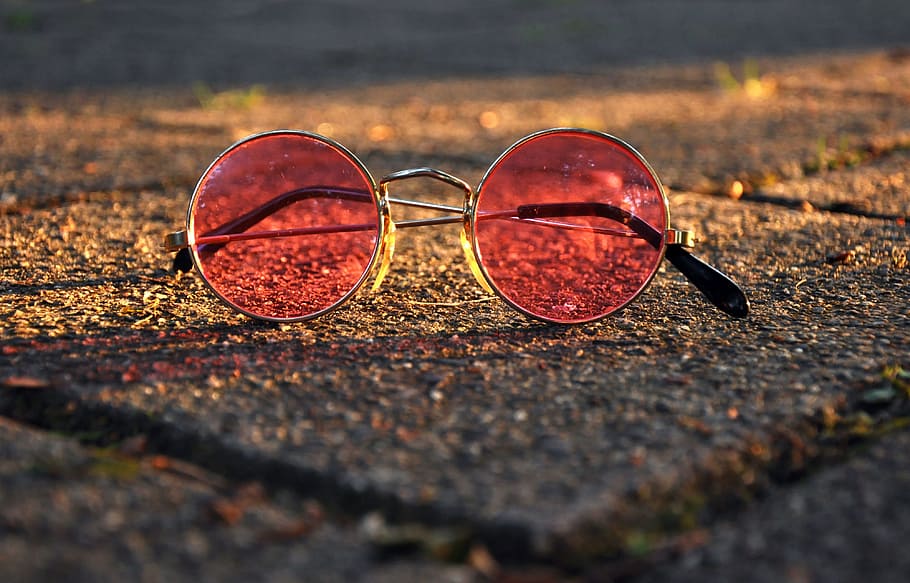 red, sunglasses, gold frames, glasses, spectacles, vision, eye, pink glasses, john lennon, fashion