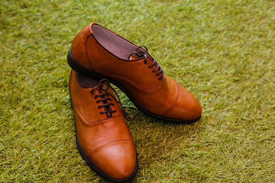 pair, brown, leather dress shoes, grass, men, s, dress, shoes, green, land