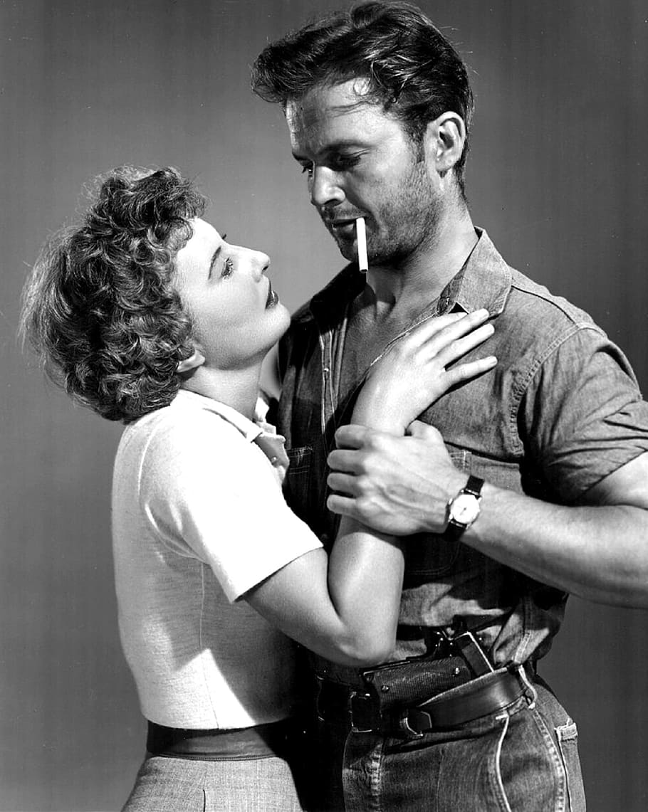 grayscale photography, couple, hugging, barbara stanwyck, ralph meeker, actress, actor, film, motion pictures, hollywood