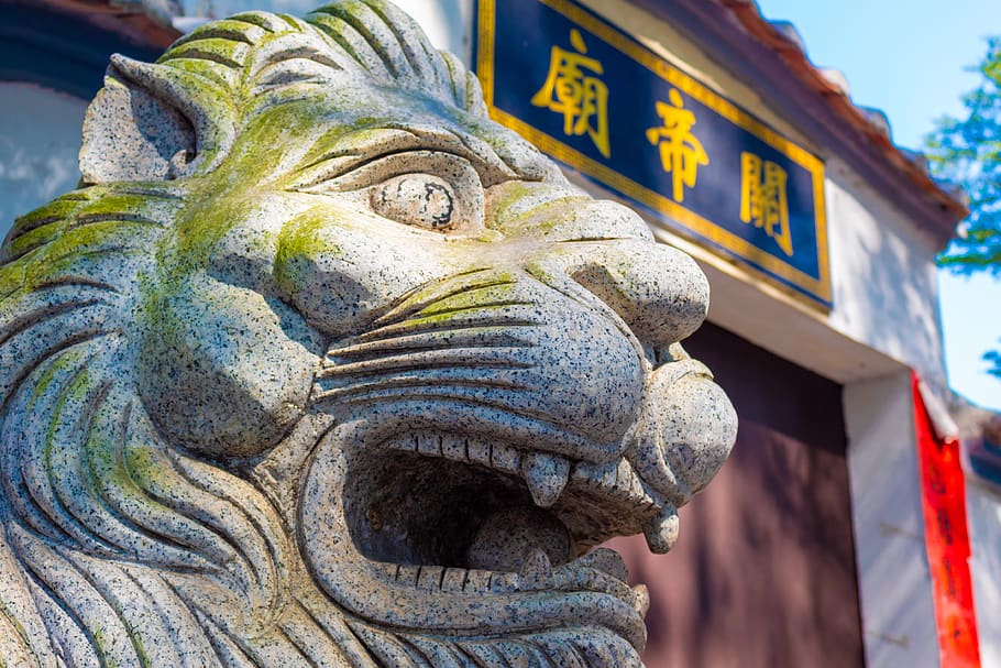 lion, stone, moss, snarling, face, aging, chinese, sculpture, art, outside