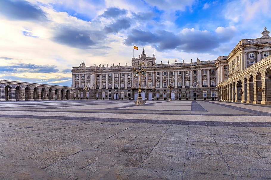 gray, concrete, building, skies, royal, palace, madrid, architecture, sunset, colourful