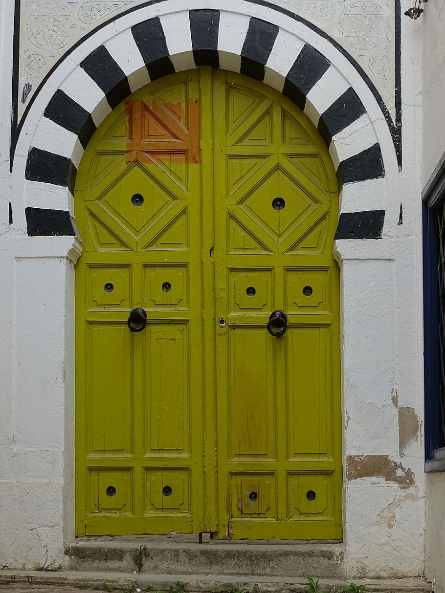 Porta, Arabesco, Tunes, Madina, Tunísia, fechado, entrada, ninguém, segurança, ao ar livre