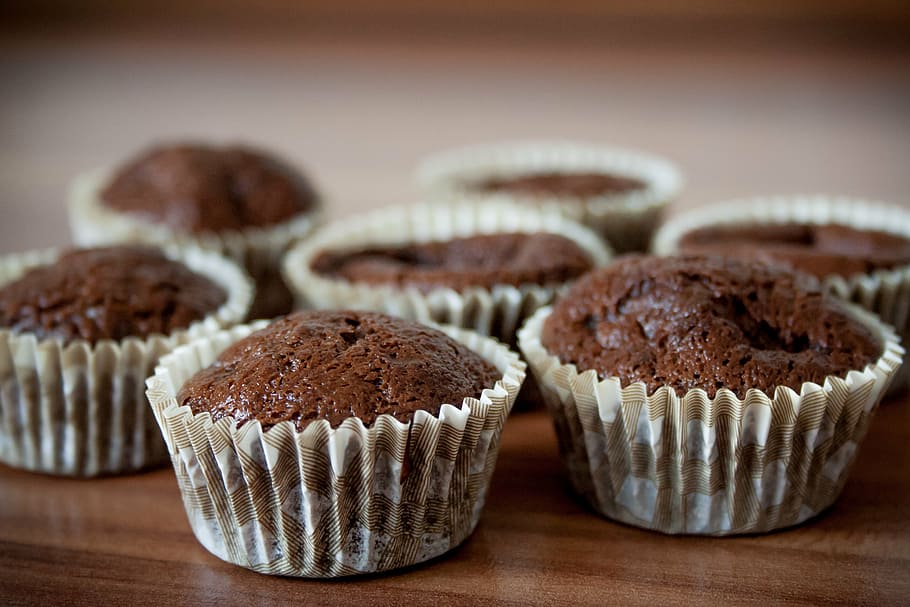 seven, chocolate cupcakes, brown, wooden, surface, bake, muffin, delicious, sweet, small cakes