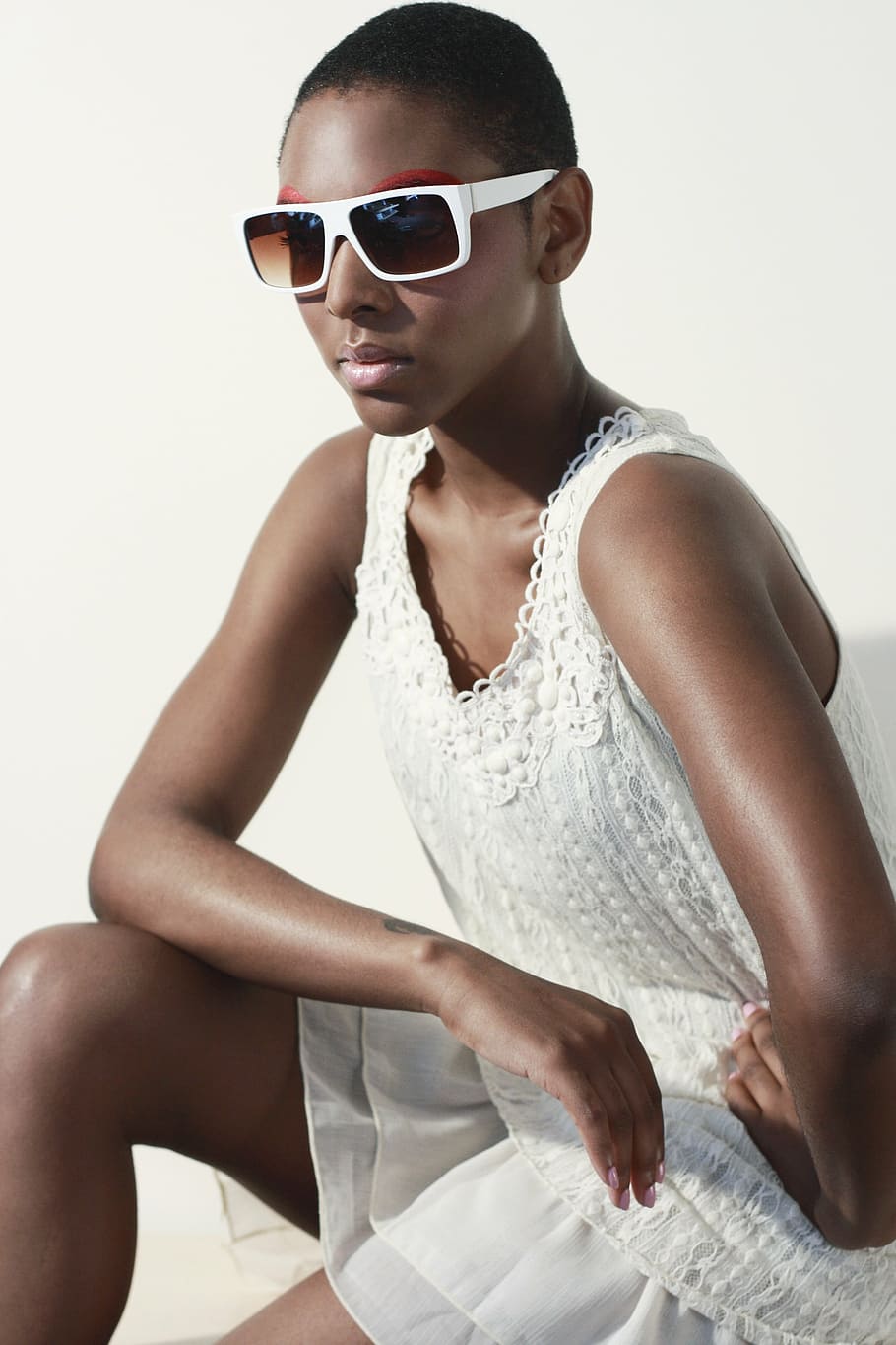 woman, wearing, white, v-neck sleeveless mini dress, sunglasses, white dress, fashion, model, young, female