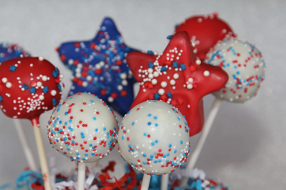 assorted lollipops, red, blue, white star, pops, cake pops, dessert, stars, balls, sweet, shapes
