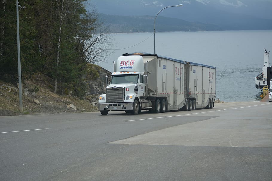 truck, lorry, white truck, cargo truck, big rig, transportation, vehicle, highway, lake, driving