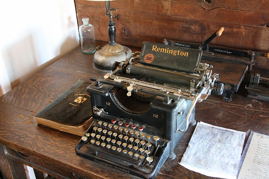 negro, máquina de escribir remington, al lado, blanco, papel de impresora, estados unidos, arizona, cuarzo, pueblo fantasma, cúpula del castillo