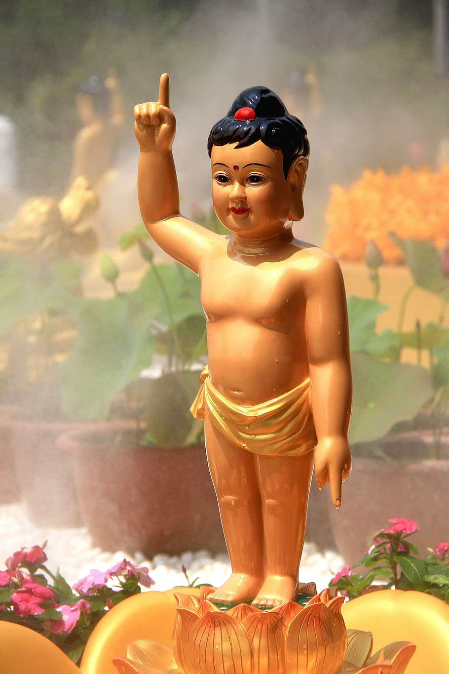 Siddhartha, Prince, Bath, Buddha, Buddhism, prince bath buddha, buddha's birthday festival, water spray, flower, statue
