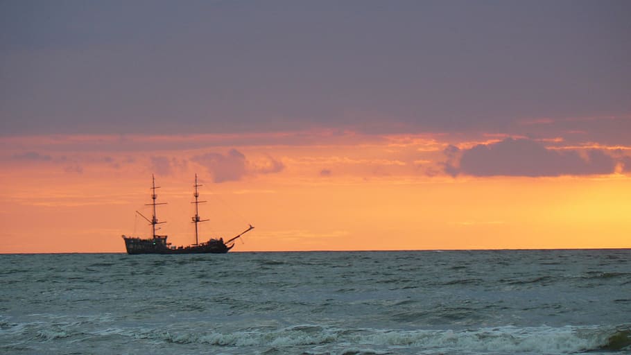 sea, ship, sunset, sky, water, orange color, nautical vessel, horizon over water, cloud - sky, horizon