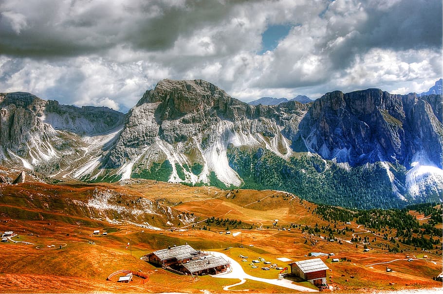 Dolomit, Val Gardena, Alam, pemandangan, tyrol selatan, pegunungan, alpine, italia, awan, padang rumput