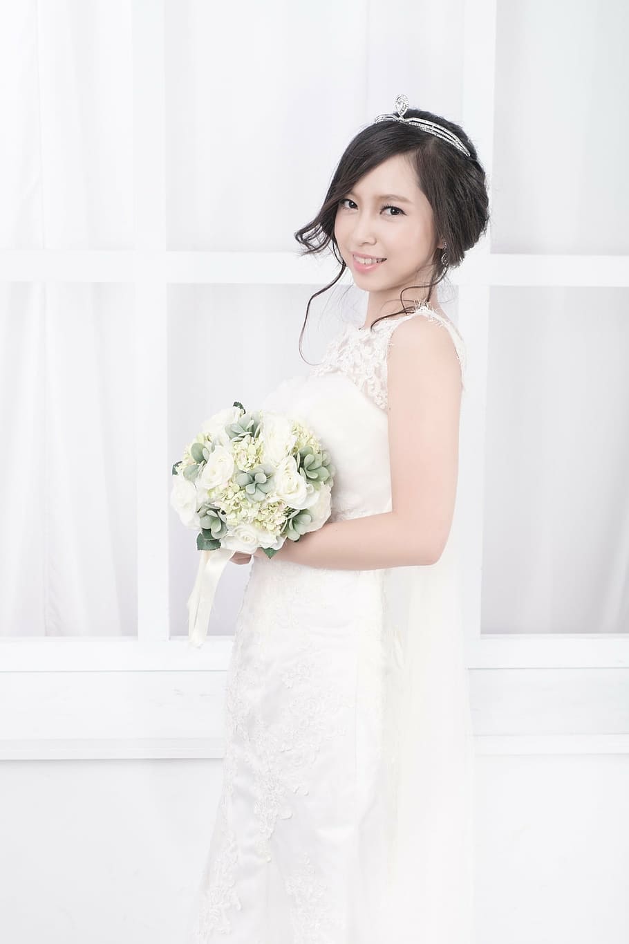 bride, girls, get married, hairstyle, wedding dress, wedding, bouquet, white color, young adult, one young woman only