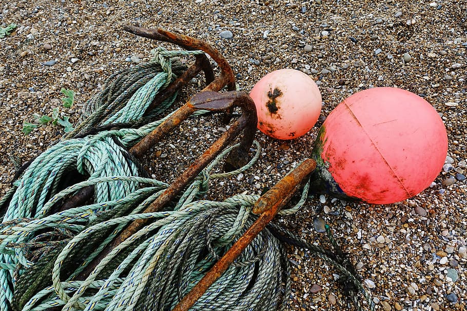 anchor, warp, rope, buoy, beach, shingle, mooring, ground tackle, rust, coast