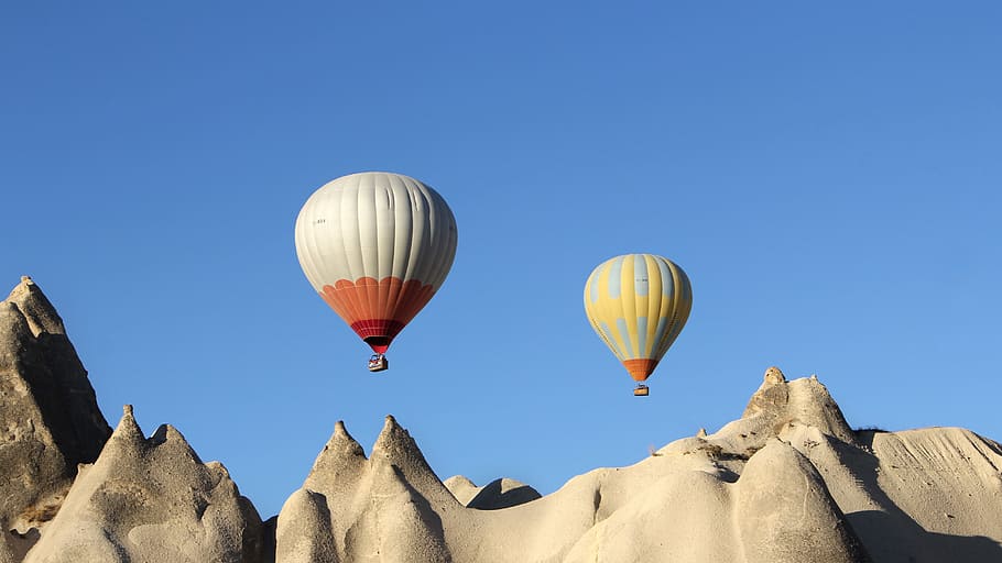 two, white, gray, air balloons, hills, dayatime, cappadocia, balloon, ballooning, turkey