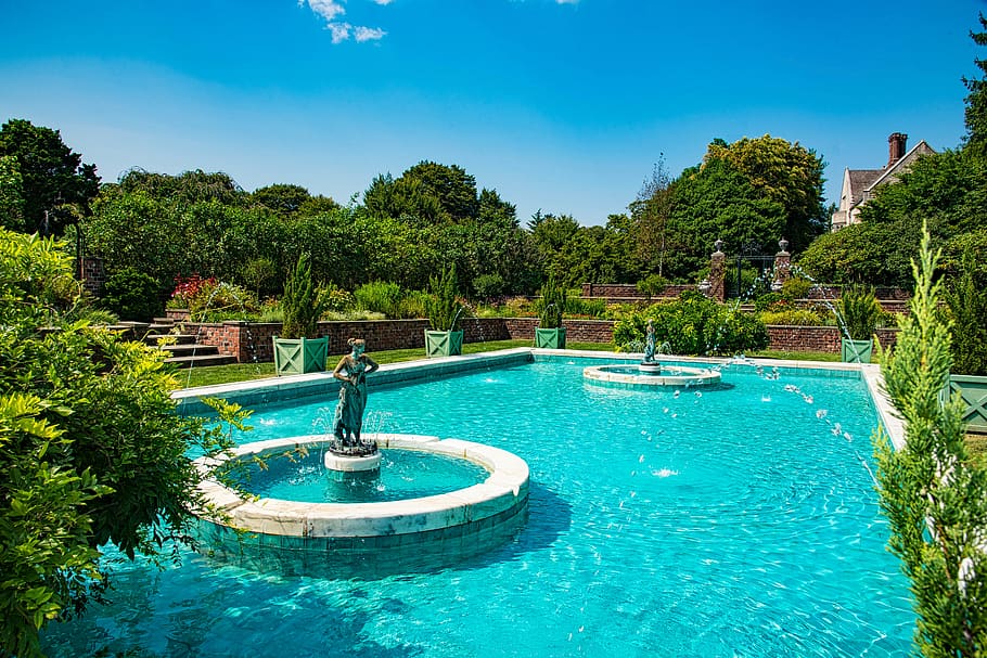 fountain garden, estate, summer, peaceful, tree, plant, water, blue, swimming pool, nature