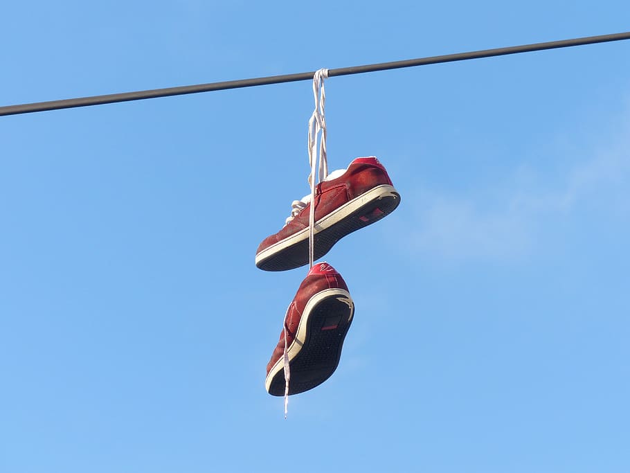 pair, red, hanging, black, wire, Shoes, Depend, Leash, Beautiful, sky