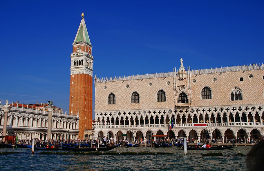 gray, concrete, building, blue, sky, st mark's square, piazzetta san marco, italy, venice, doge's palace