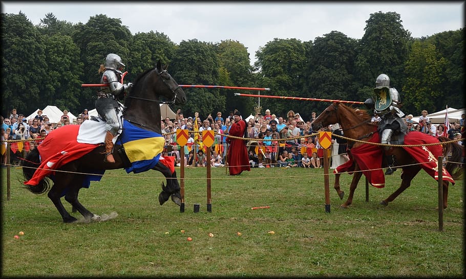 two, knights, riding, horses, swords, spectacular knight, lances, jousting tournament, medieval, fight