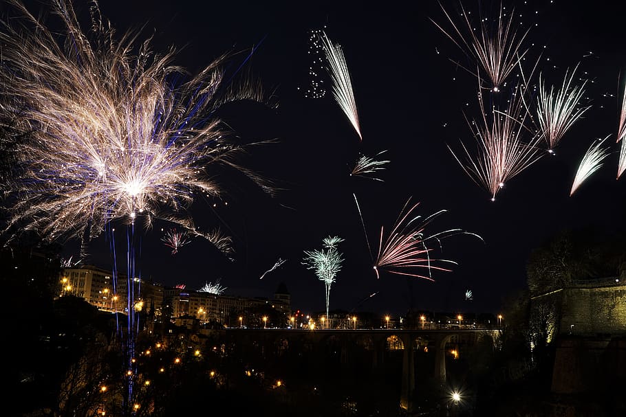 fireworks, festival, flare-up, celebration, rocket, luxembourg, bridge, night, pyrotechnics, new year's eve