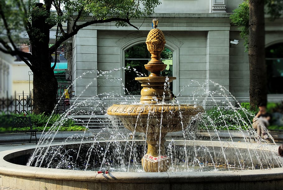 china, guangdong, shamian island, french concession, fountain, water, architecture, motion, nature, built structure
