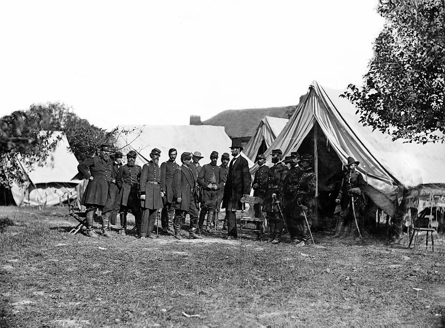 reunião de lincoln, Lincoln, reunião, generais, campo de batalha de Antietam, Maryland, guerra civil, domínio público, Estados Unidos, vintage