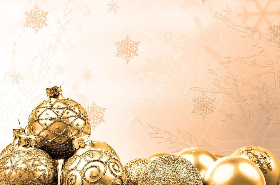 banyak perhiasan emas, dekorasi, emas, waktu natal, pernak-pernik natal, kartu natal, putih, berkilau, ornamen, baru
