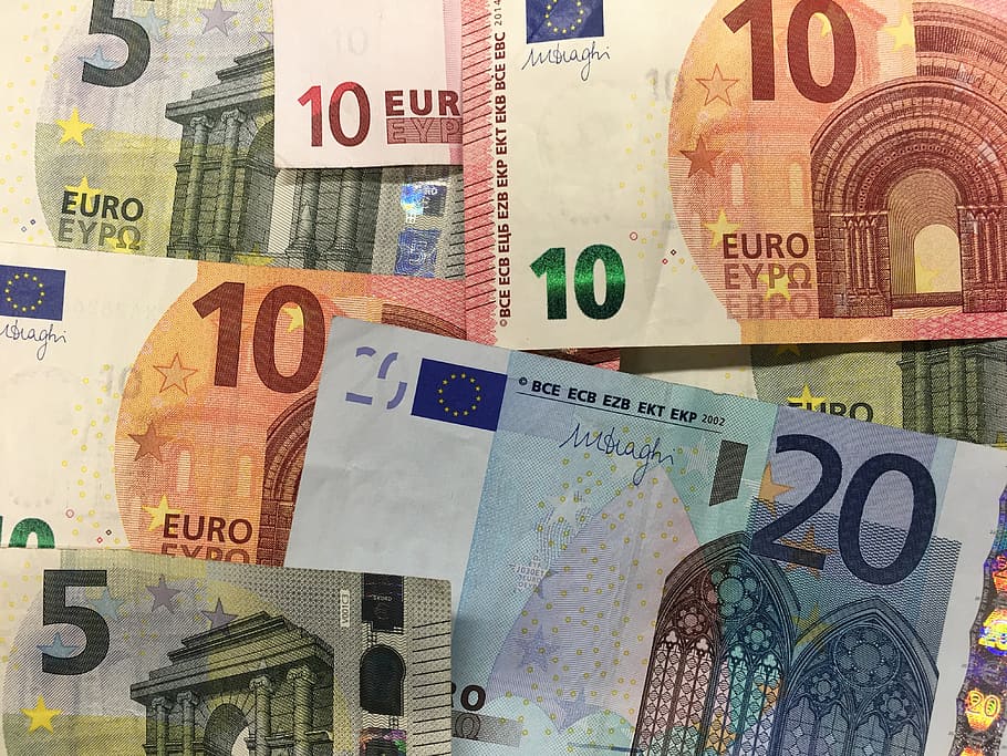 10, 20,, 5 euro banknotes, money, euro, seem, currency, finance, dollar bill, banknote, paper currency