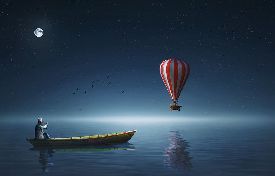 boat, air, baloon, night, moon, sky, sardinia, travel, water, blue