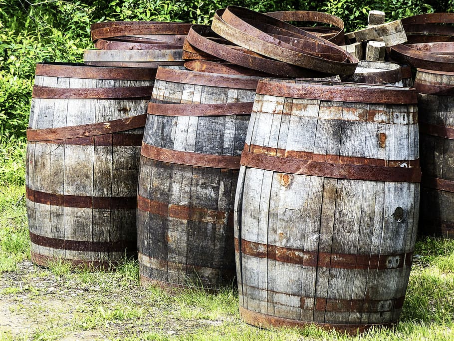 kegs, wooden, barrel, wood, old, vintage, liquid, wood - material, stack, cylinder