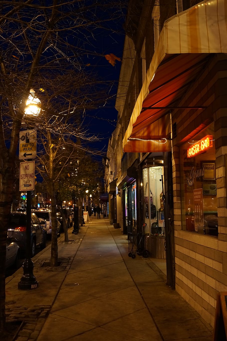 city, sidewalk, downtown, shops, storefronts, late, night, stores, street, evening