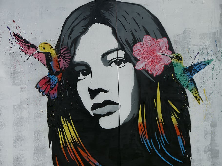 multicolor, mujer, pintura de la cara, arte callejero, grafitti, telón de fondo, colorido, color, artístico, genial