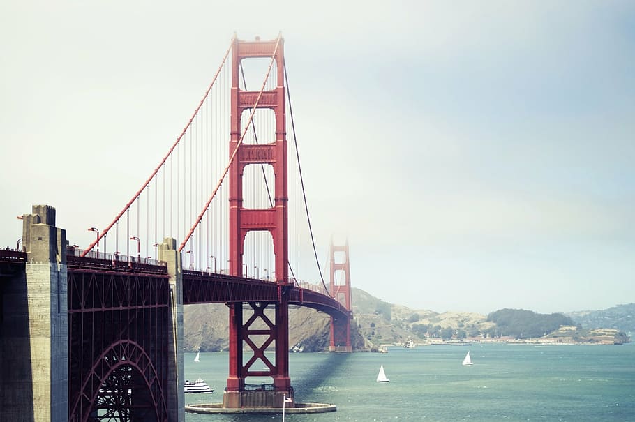 golden, gate bridge, san francisco california, gate, bridge, golden gate bridge, red, architecture, water, sailboats