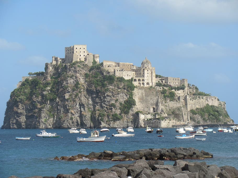 buildings on island, isle, ischia, castle, sea, island, italy, water, architecture, building exterior