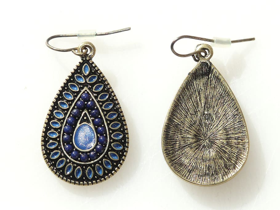 earrings, jewellery, stone, blue, ornament, beads, front side, back, white background, studio shot