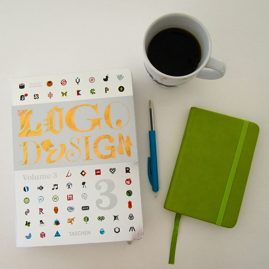 café, diseño, logotipo, cuaderno, lanza, oficina en casa, negocios, taza, calendario, mesa