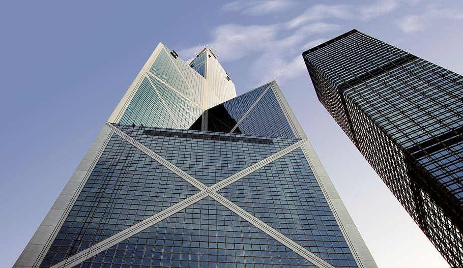 Bank, Cina, Hong Kong, rendah, sudut, fotografi, kaca, gedung tinggi, gedung, struktur yang dibangun