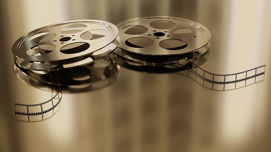 dos carretes de película, película, tira de película, analógico, cine, vintage, licuadora 3d, Rollo de película, primer plano, industria cinematográfica