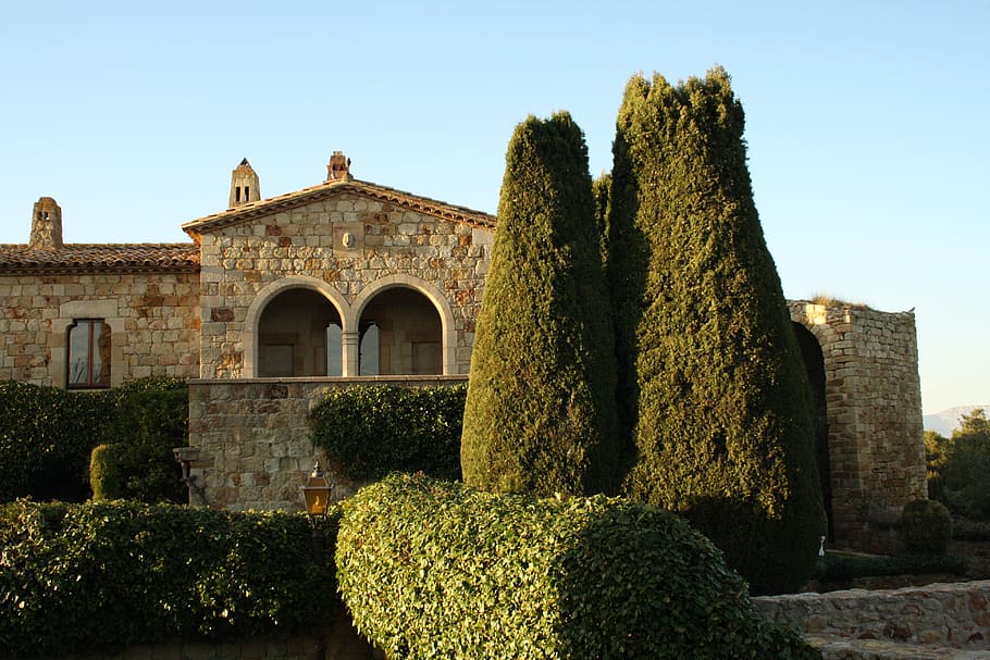 house, old building, facade, old, casa vieja, stone, historic buildings, cypress, pals, catalunya