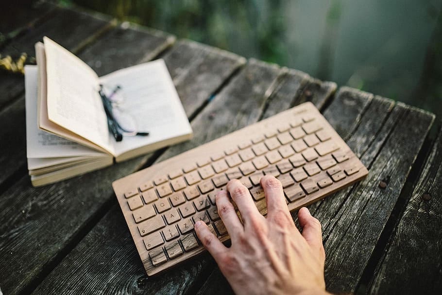 hand, wooden, keyboard, Male, book, opened book, wooden keyboard, oree, oree keyboard, computer