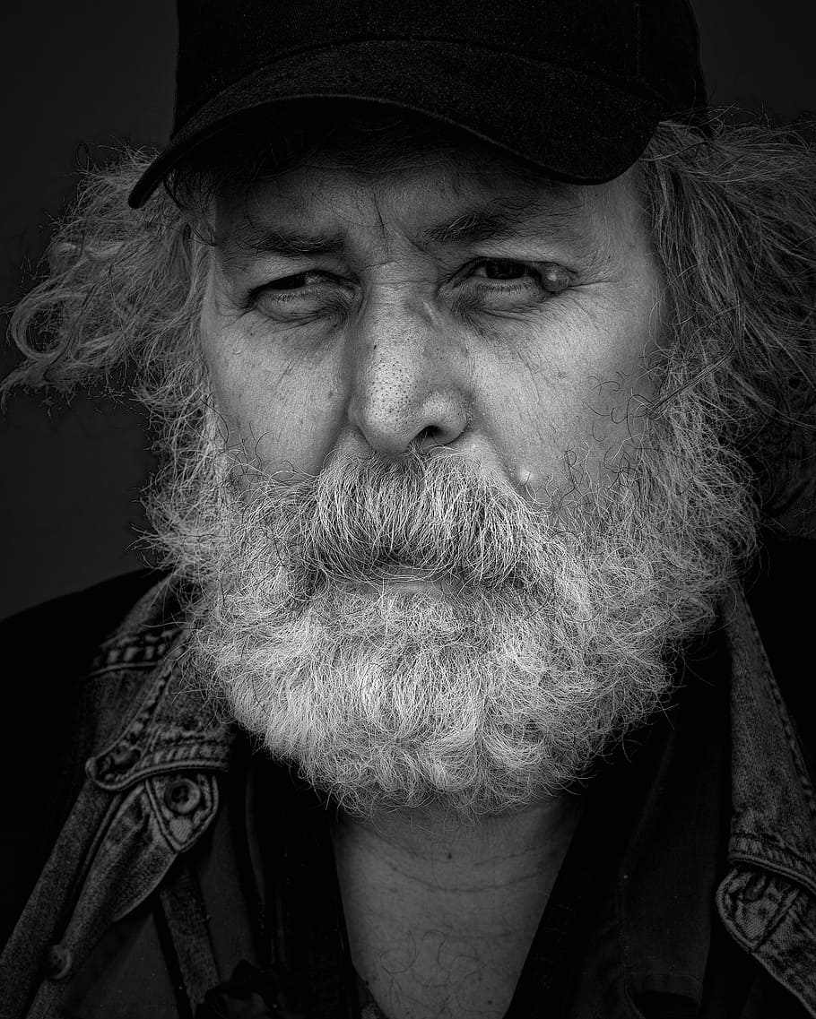grayscale photo, bearded, man, wearing, cap, people, homeless, male, person, poverty