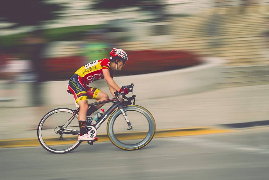 man, yellow, red, bicycle, blur, sport, bike, competition, athlete, exercise
