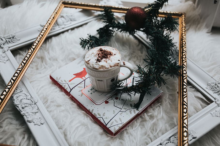 coffee, cappuccino, art, steamed, milk, cup, saucer, book, frame, christmas