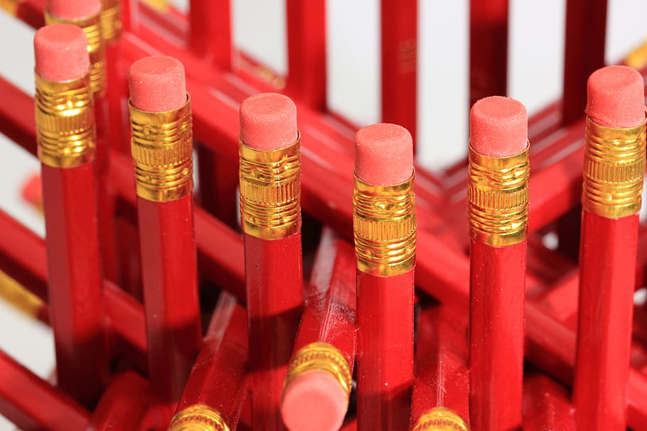 pencil, superglue, pointless, hexastix, eraser, writing, office, red, indoors, close-up
