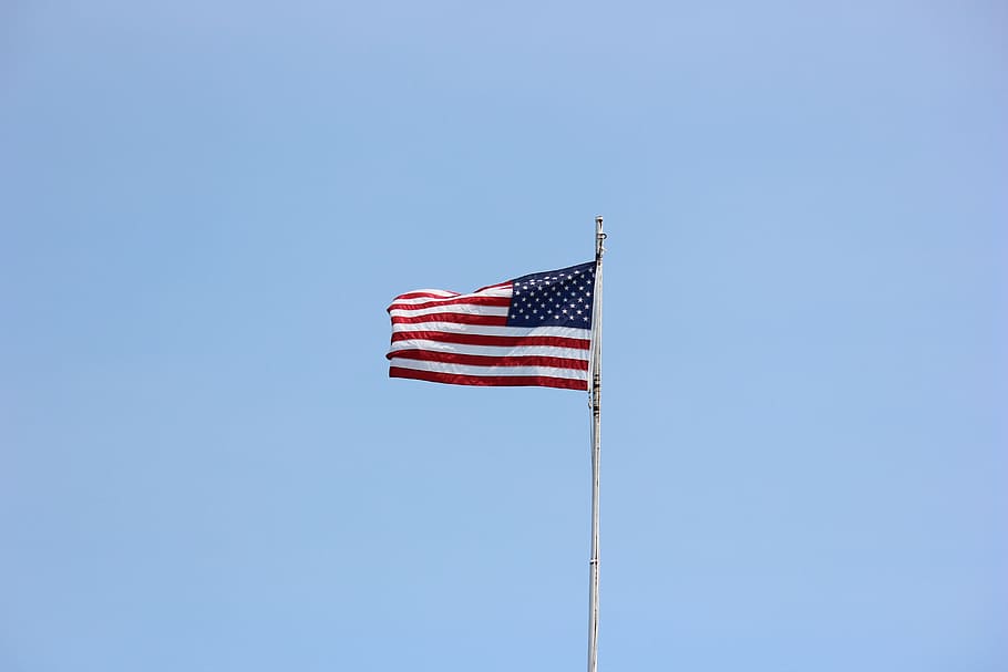flag, waving, american, patriotic, american flag waving, patriotism, sky, blue, low angle view, nature