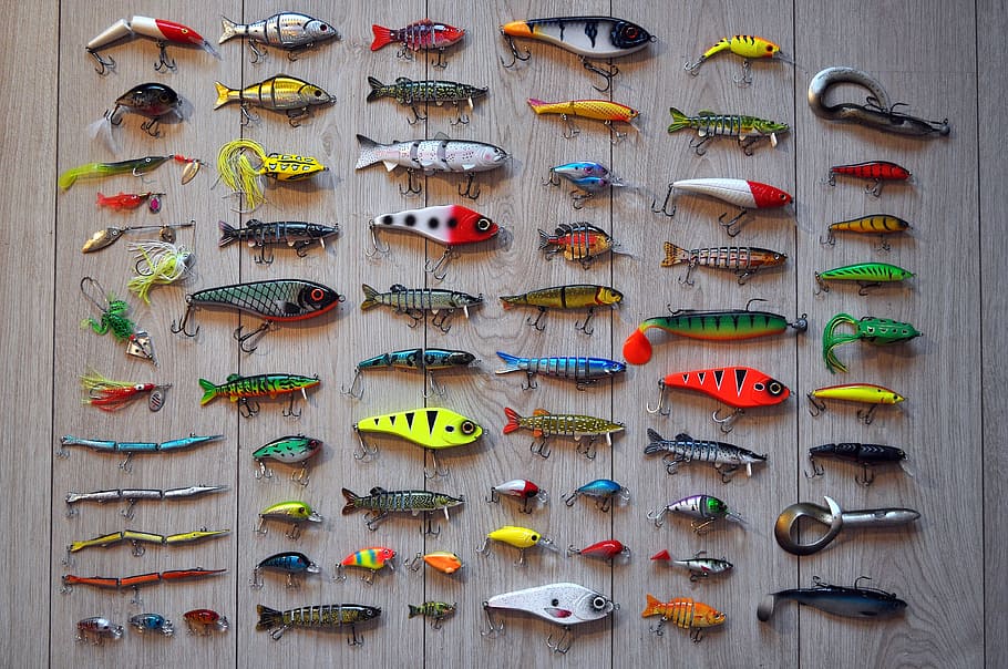 fish lure collection, fishing, rod, hooks, fish, fisherman, sport, water, catch, bait