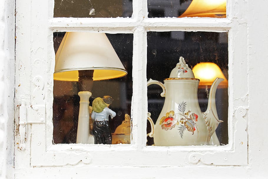 old window, porcelain, old porcelain, table lamp, junk, antique, vintage, nostalgia, antiques, used commercially