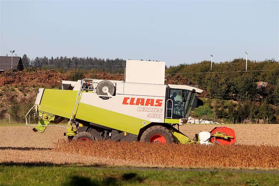 combine harvester, soybean, harvest, agriculture, claas, transportation, mode of transportation, land vehicle, land, field
