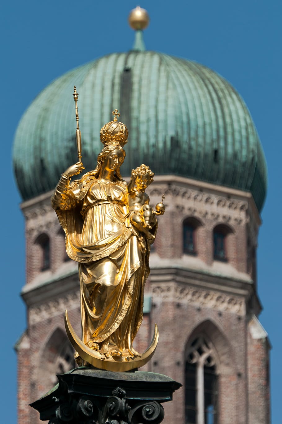 munich, frauenkirche, marienplatz, statue, bavaria, town hall, onion domes, state capital, dom, church