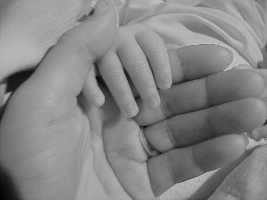 grayscale, candid, photography, baby, parent, holding, hands, woman, hand holding, mother