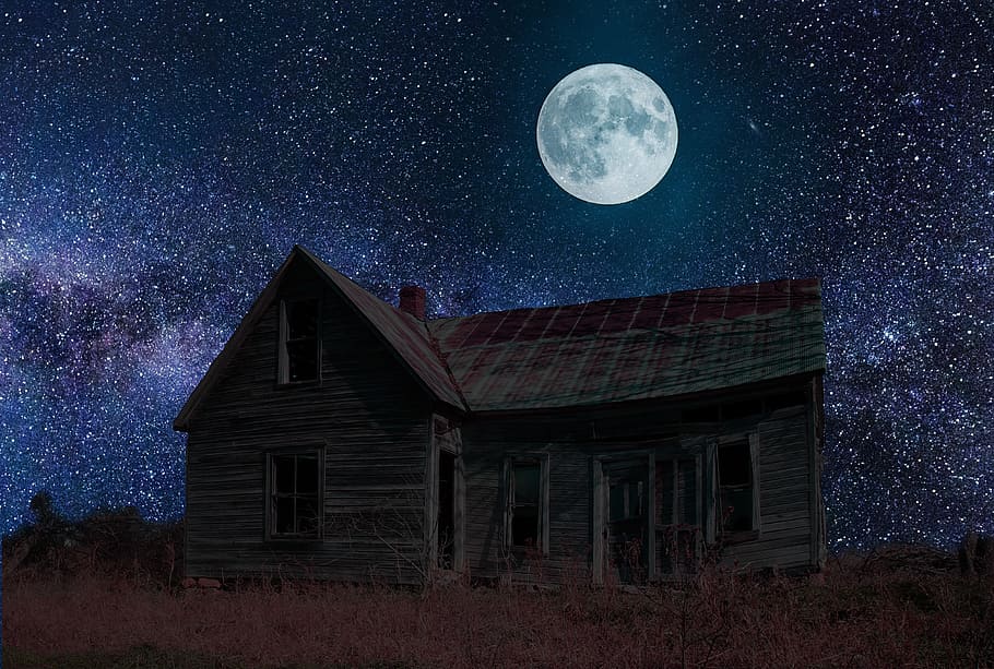 brown, wooden, house, nighttime, abandoned, haunted, ghost, horror, moon, stars