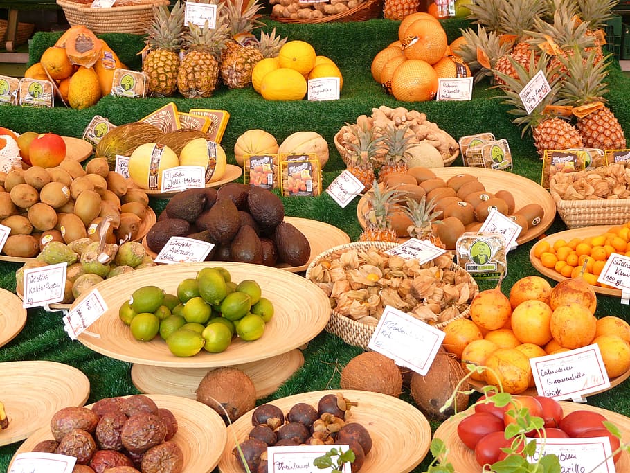Market, Food, Fruits, Miscellaneous, avocado, coconut, onion, tomatoes, kiwis, pineapple